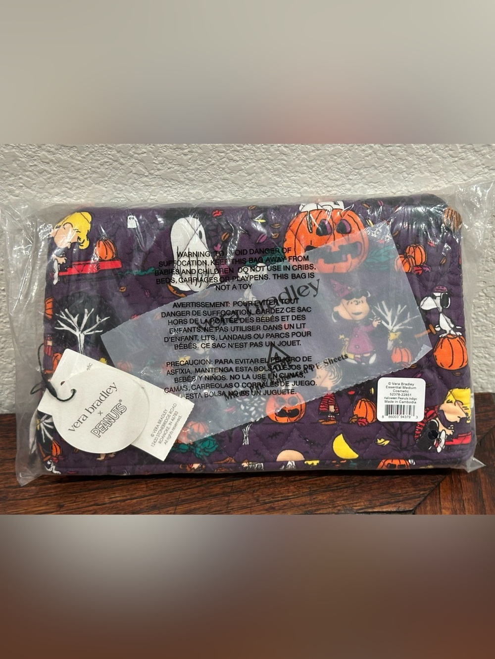 Vera Bradley INDIGO Halloween Peanuts Essential Medium Cosmetic Make-Up Bag